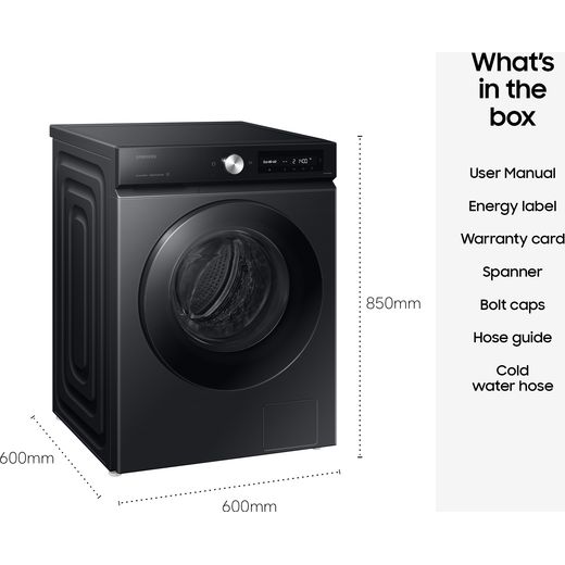 Samsung Series 7 AI Energy ecobubble™ WW11DB7B94GBU1 11kg WiFi Connected Washing Machine with 1400 rpm - Black - Dimensions