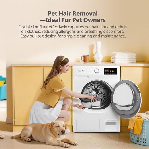 Comfee CDN13H81/W-UK Wifi Connected 8Kg Heat Pump Tumble Dryer - White - annotation - pet hair