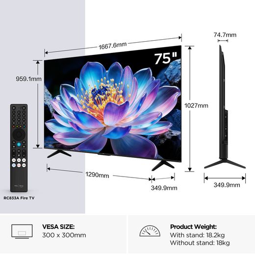 TCL 75" 4K Ultra HD Smart Fire TV [2026] - Dimensions