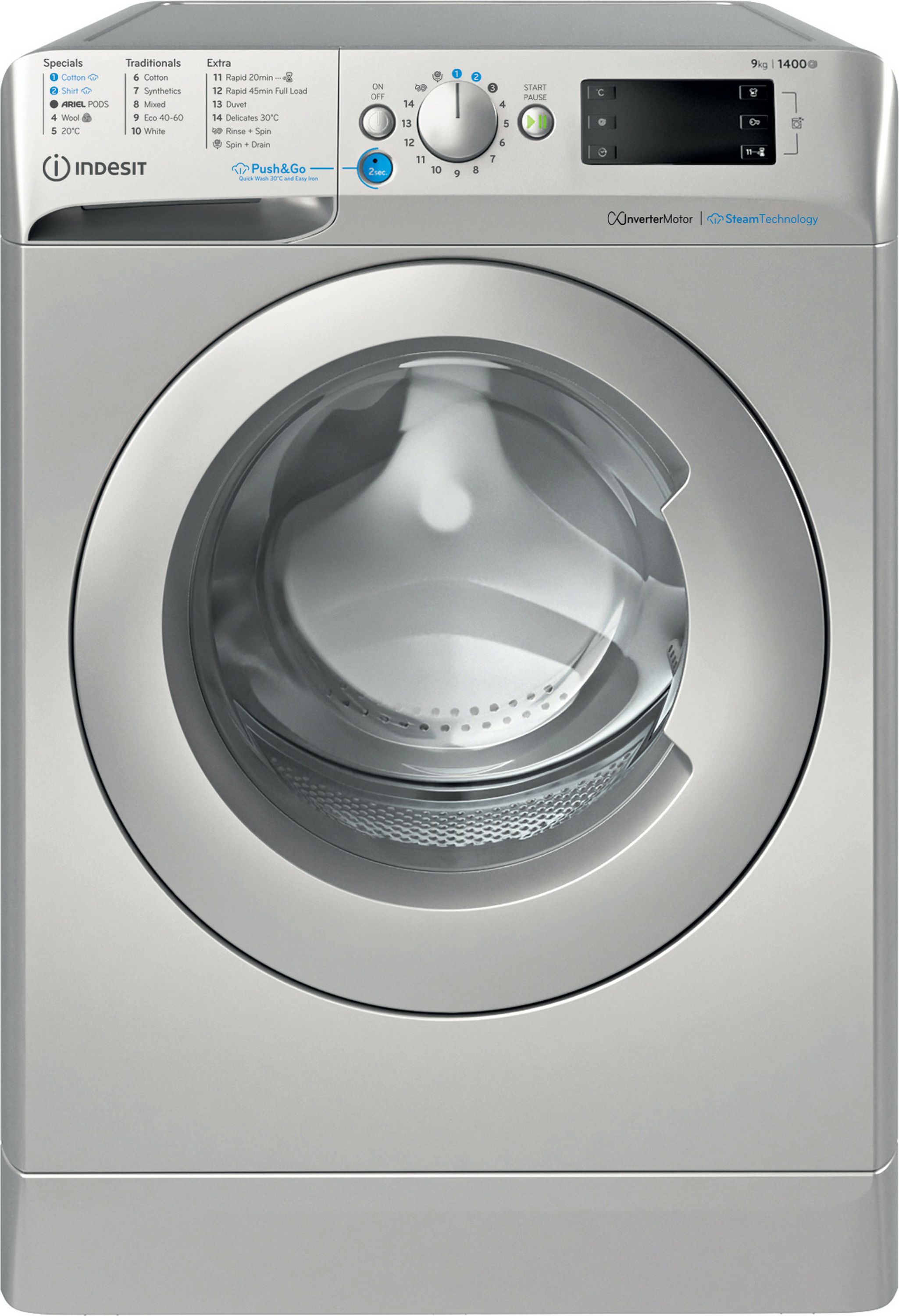 Indesit Push&Go BWE 91496X SV UK 9kg Washing Machine with 1400 rpm - Silver - A Rated, Silver