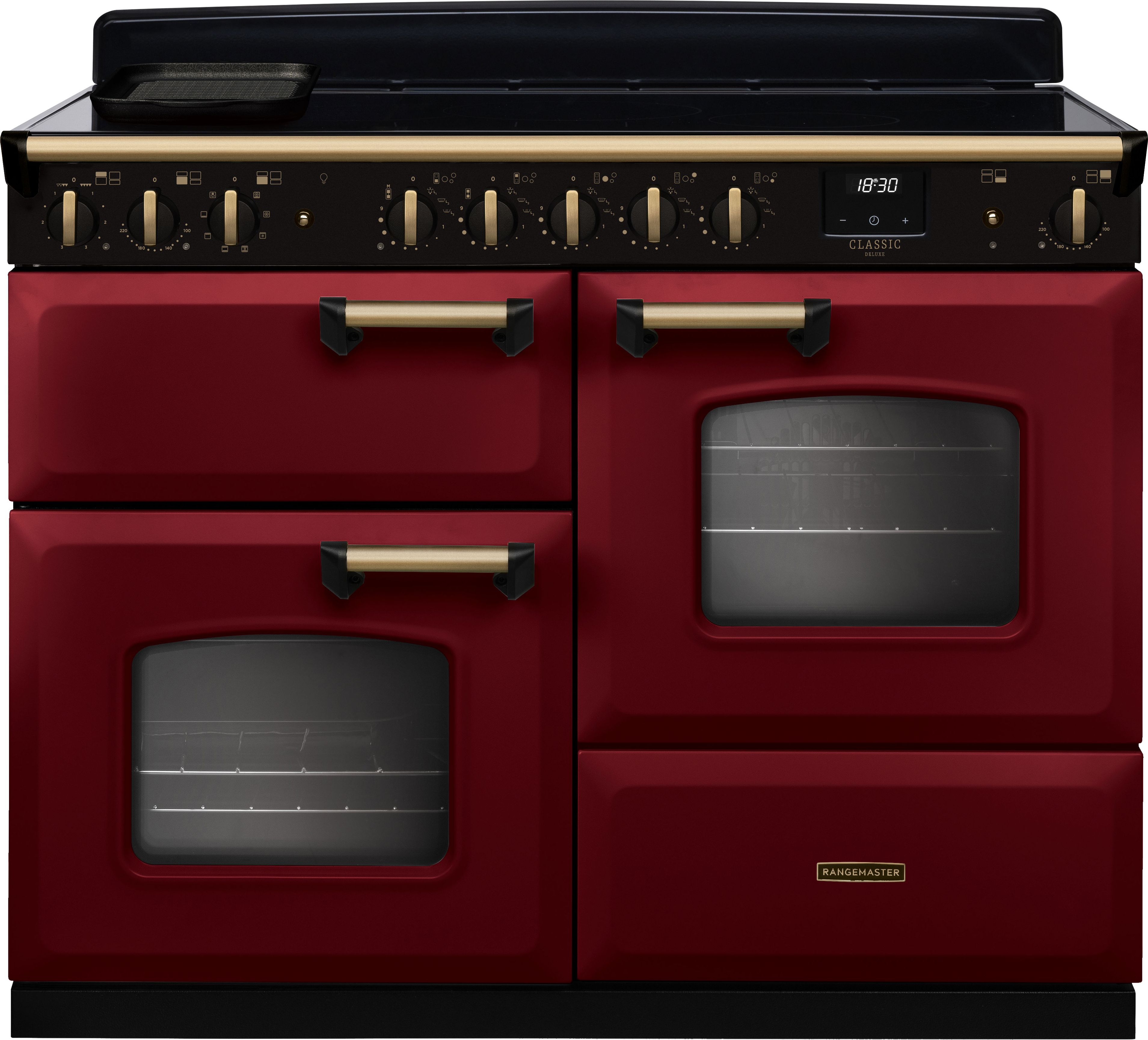 Image of Rangemaster Classic Deluxe OC CLDLO110EIPBOR/AB1 110cm wide Electric Range Cooker with Induction Hob - Bordeaux / Antique Brass - A/A Rated, Red