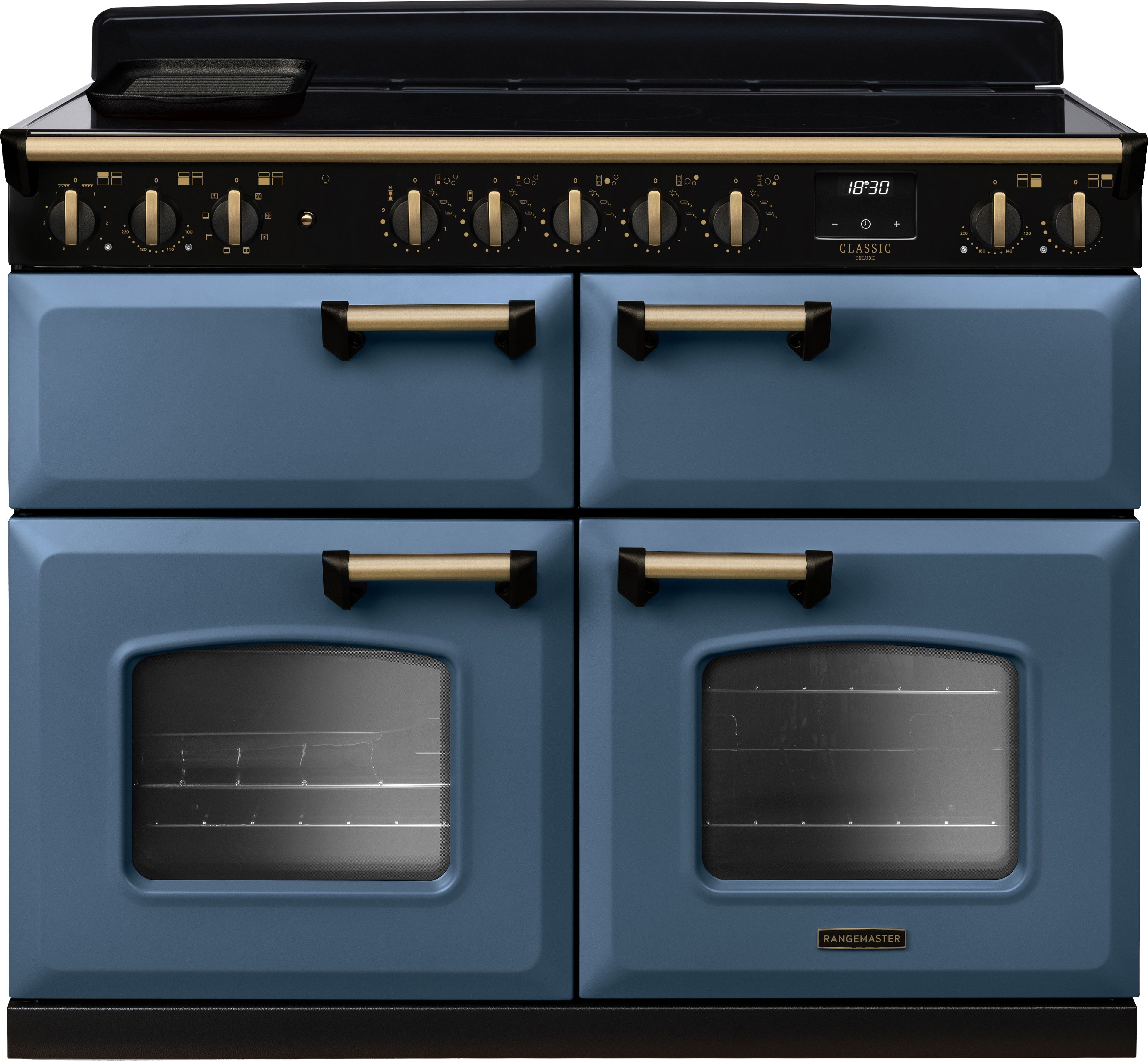 Image of Rangemaster Classic Deluxe BC CLDLB110EIPSTB/AB1 110cm wide Electric Range Cooker with Induction Hob - Stone Blue / Antique Brass - A/A Rated, Blue