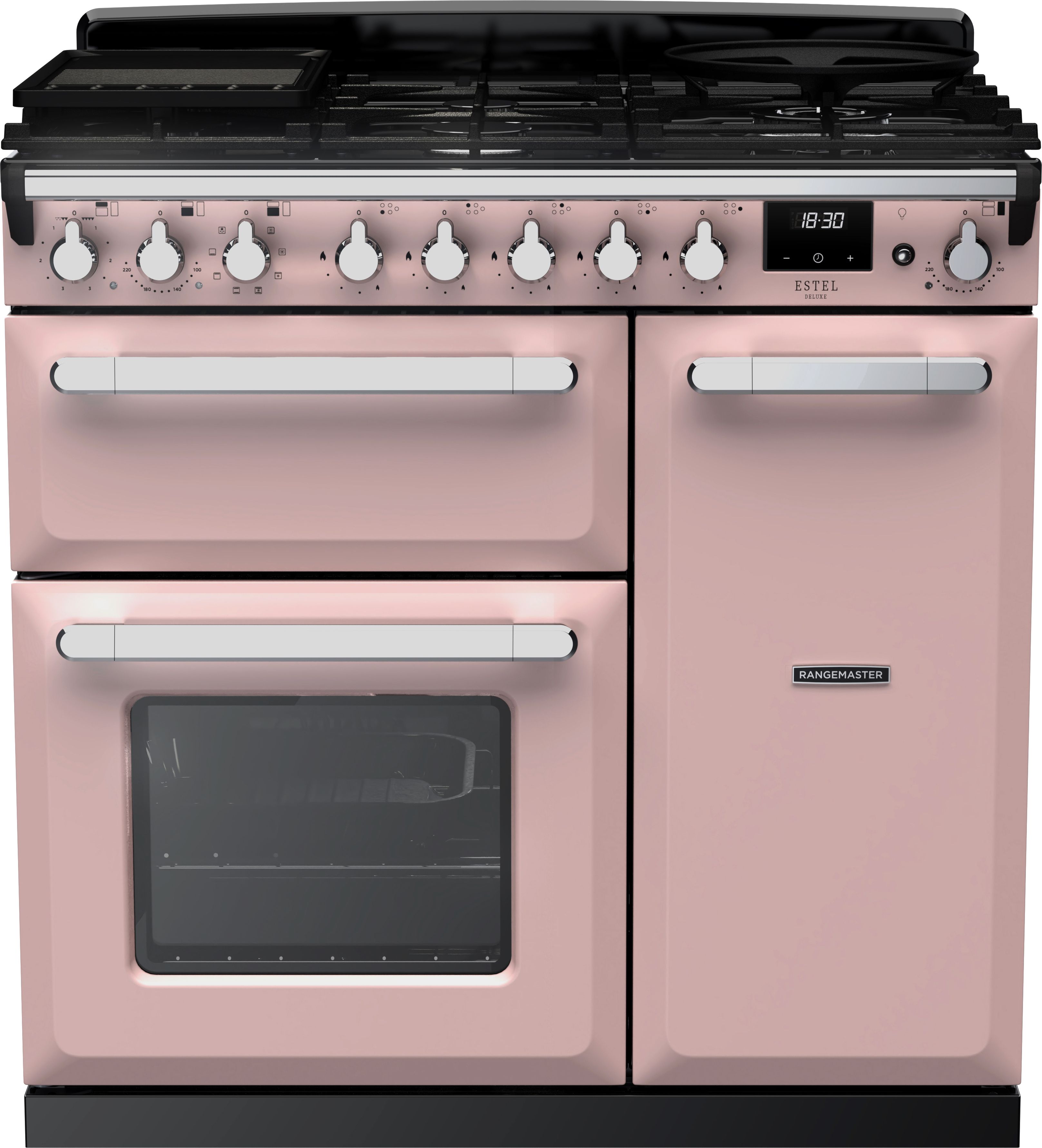 Image of Rangemaster Estel Deluxe ESDL90DFPPPK/CM1 90cm wide Dual Fuel Range Cooker with Gas Hob - Pale Pink / Chrome - A/A Rated, Pink