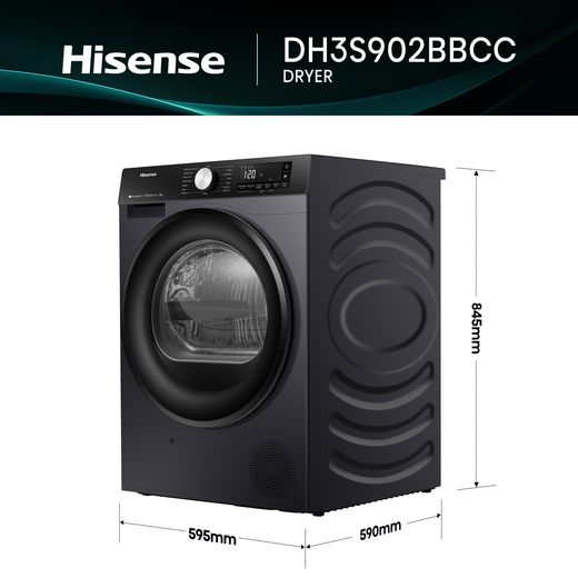 Hisense 3S Series DH3S902BBCC Wifi Connected 9Kg Heat Pump Tumble Dryer - Black - Dimensions