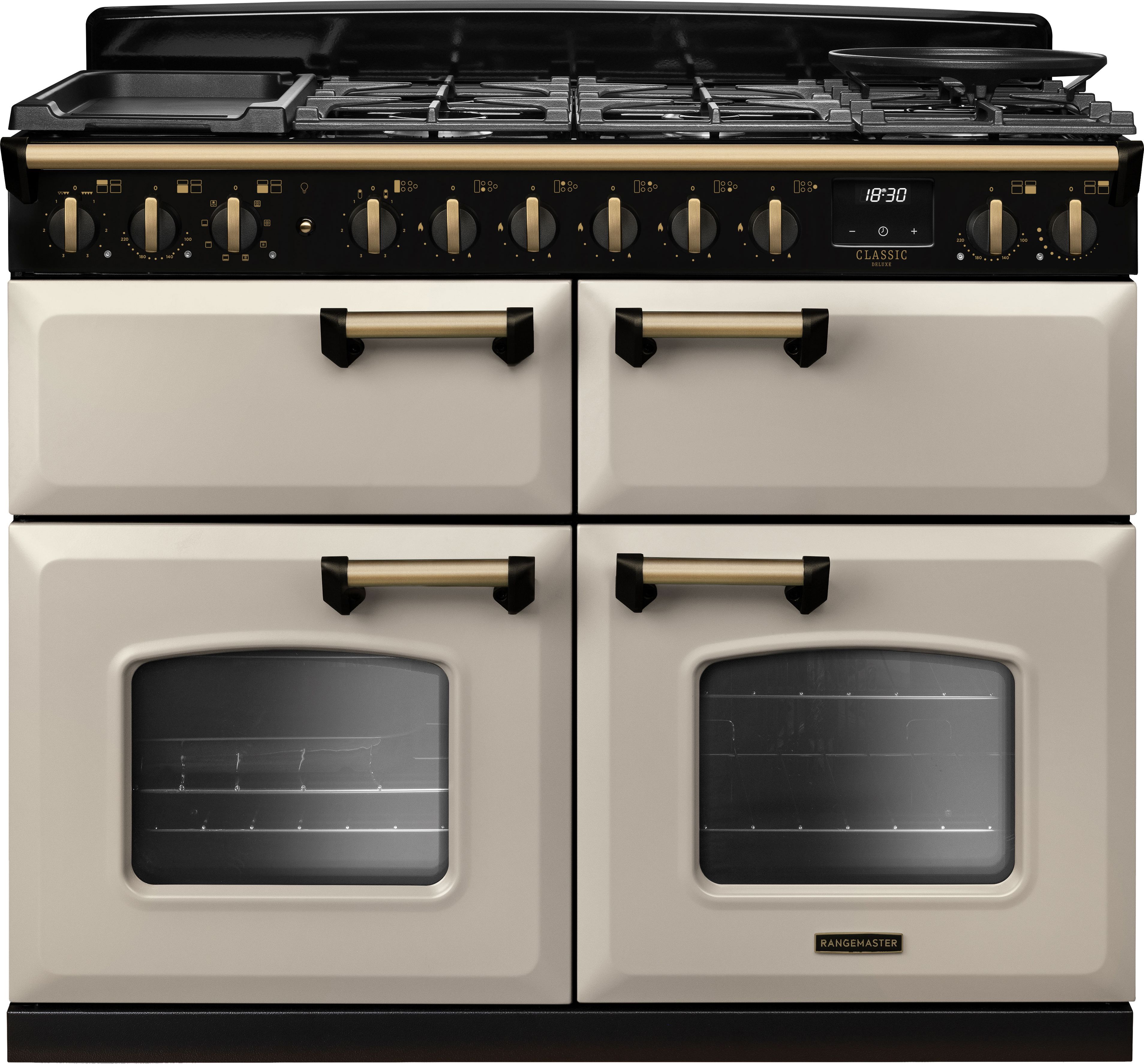 Image of Rangemaster Classic Deluxe 110 CLDLB110DFPPCR/AB1 110cm wide Dual Fuel Range Cooker with Gas Hob - Pale Cream / Antique Brass - A/A/A Rated, Cream