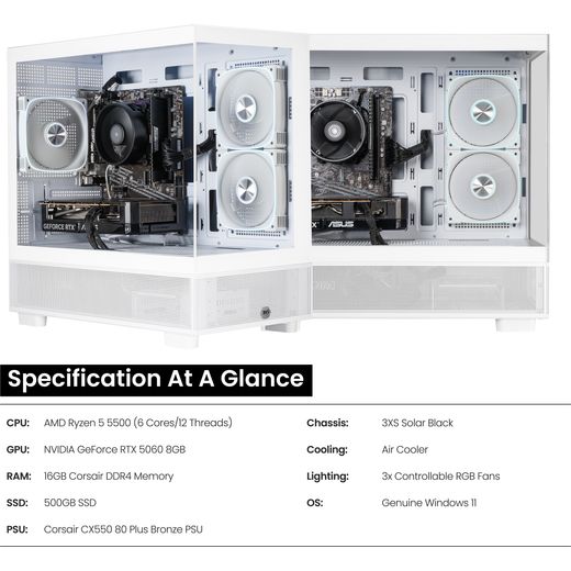 3XS Core 3XS-169057 - NVIDIA® GeForce RTX™ 5060, AMD Ryzen™ 5, 500GB SSD - White - annotation - spec shot 