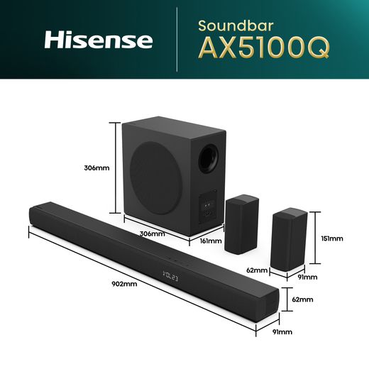 Hisense AX5100Q AX5100Q 5.1 Soundbar - Black - Annotation - Dimension shot 