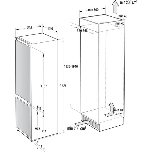 Hisense InvisibleFresh RB5B280SSWC Wifi Connected 193cm 60/40 Integrated Fridge Freezer with Fixed Door Fixing Kit - White - Dimensions