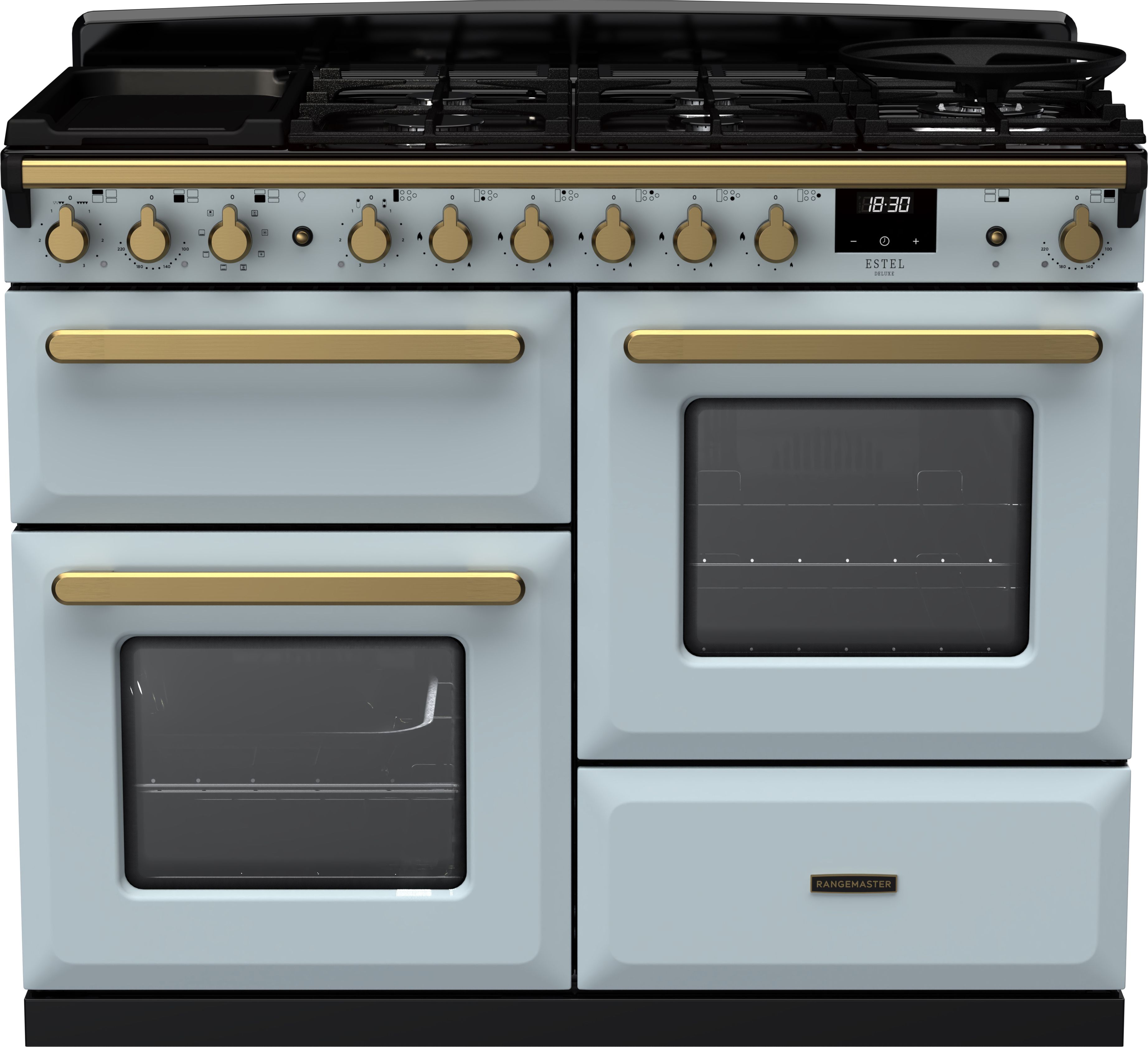 Image of Rangemaster Estel Deluxe ESDLO110DFPMSB/AB1 110cm wide Dual Fuel Range Cooker with Gas Hob - Misty Blue / Antique Brass - A/A Rated, Blue