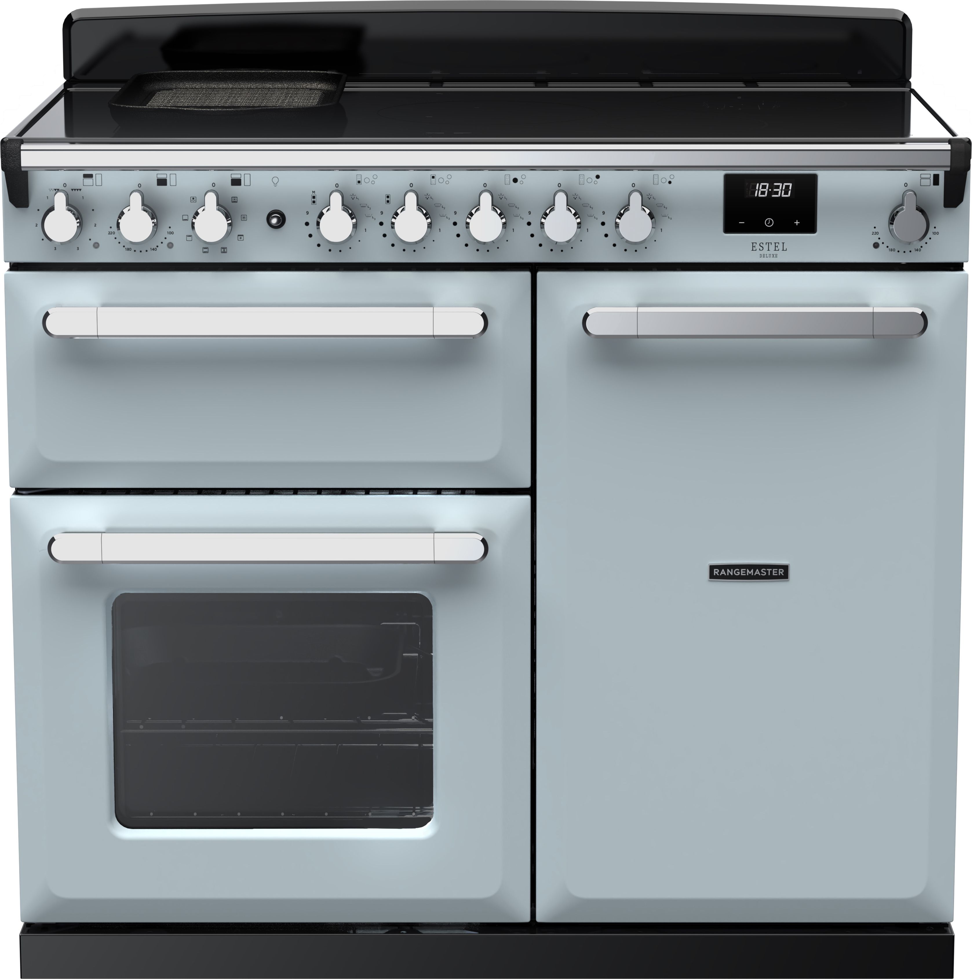 Image of Rangemaster Estel Deluxe ESDL100EIPMSB/CM1 100cm wide Electric Range Cooker with Induction Hob - Misty Blue / Chrome - A/A Rated, Blue