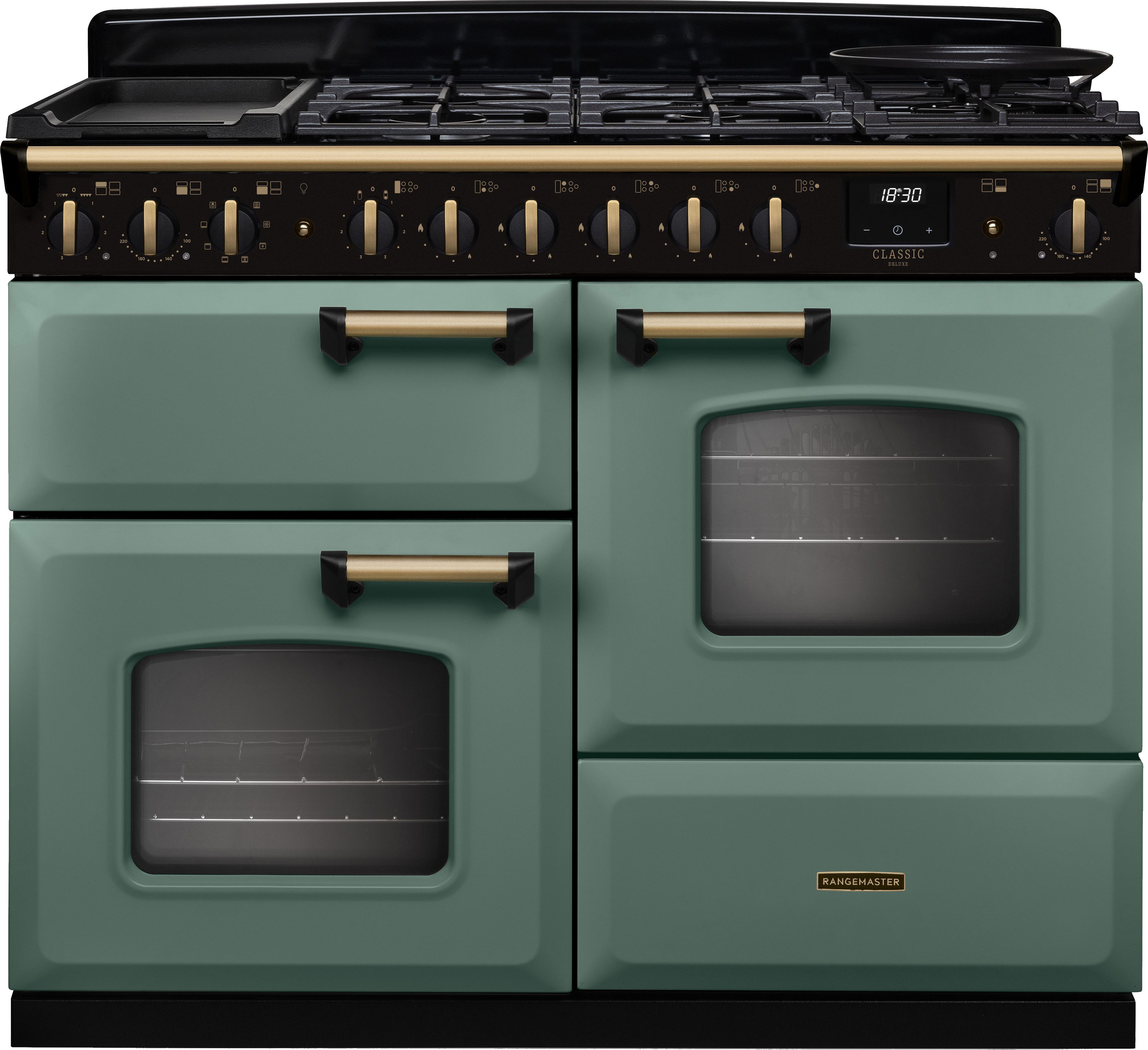 Image of Rangemaster Classic Deluxe 110 CLDLO110DFPMGR/AB1 110cm wide Dual Fuel Range Cooker with Gas Hob - Mineral Green / Antique Brass - A Rated, Green