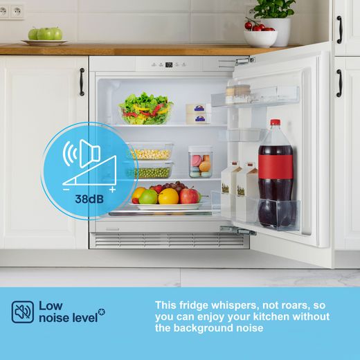 Fridgemaster MBUL60138E Integrated Under Counter 82cm Fridge - Fixed Door Hinge Kit - White  - annotation - low noise shot