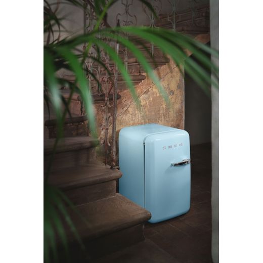 Smeg 50s Style Left Hand Hinged Minibar FAB5LPB6 72cm High Fridge - Pastel Blue - Fridge next to steps shot