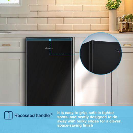 Fridgemaster MUR4894EB Compact 84cm Fridge with Ice Box - Black  - Annotation - Recessed handle shot