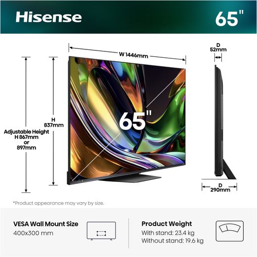 Hisense 65" 4K Ultra HD Mini RGB Smart Freely TV [2026] - Dimensions