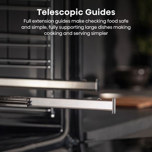 Hisense Hi6 BlackLine BSA66346ADBGUK Wifi Connected Built In Electric Single Oven - Jet Black - Annotation - telescopic guides shot