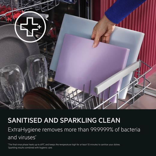 AEG 6000 Series Integrated Standard Dishwasher - Stainless Steel - annotation - sanitised and sparking clean shot