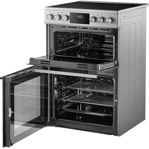 Midea MFO24EME4R118-SS 60cm Wide Double Oven Electric Cooker with Ceramic Hob - Stainless Steel  - left perspective with door open shot