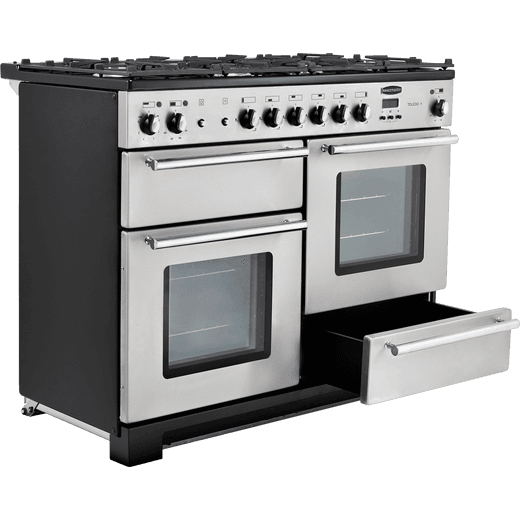 Rangemaster Toledo + 110cm Dual Fuel Range Cooker - Stainless Steel / Chrome - Warming drawer open