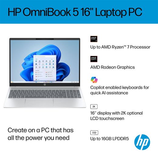 HP OmniBook 5 16-bc1001na 16" Laptop - AMD Ryzen™ 7, 1TB SSD, 16 GB RAM - Silver - Annotation - Features