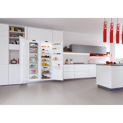 Hoover HOMS518EWK Integrated Upright Fridge - White - Fridge with door open in kitchen shot