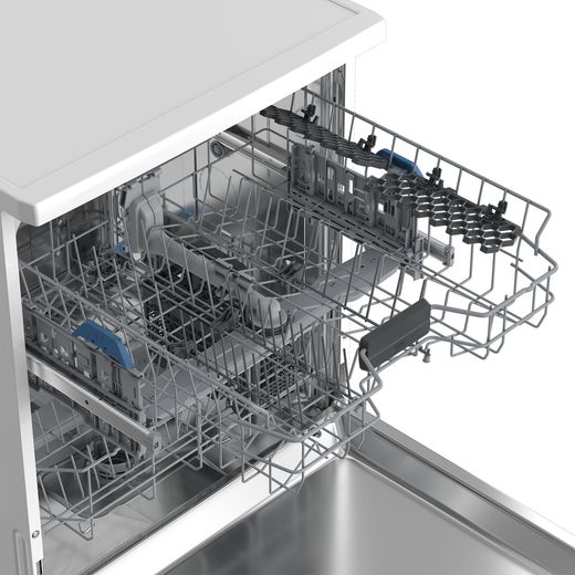 Beko Standard Dishwasher - White - close up of upper drawer pulled out