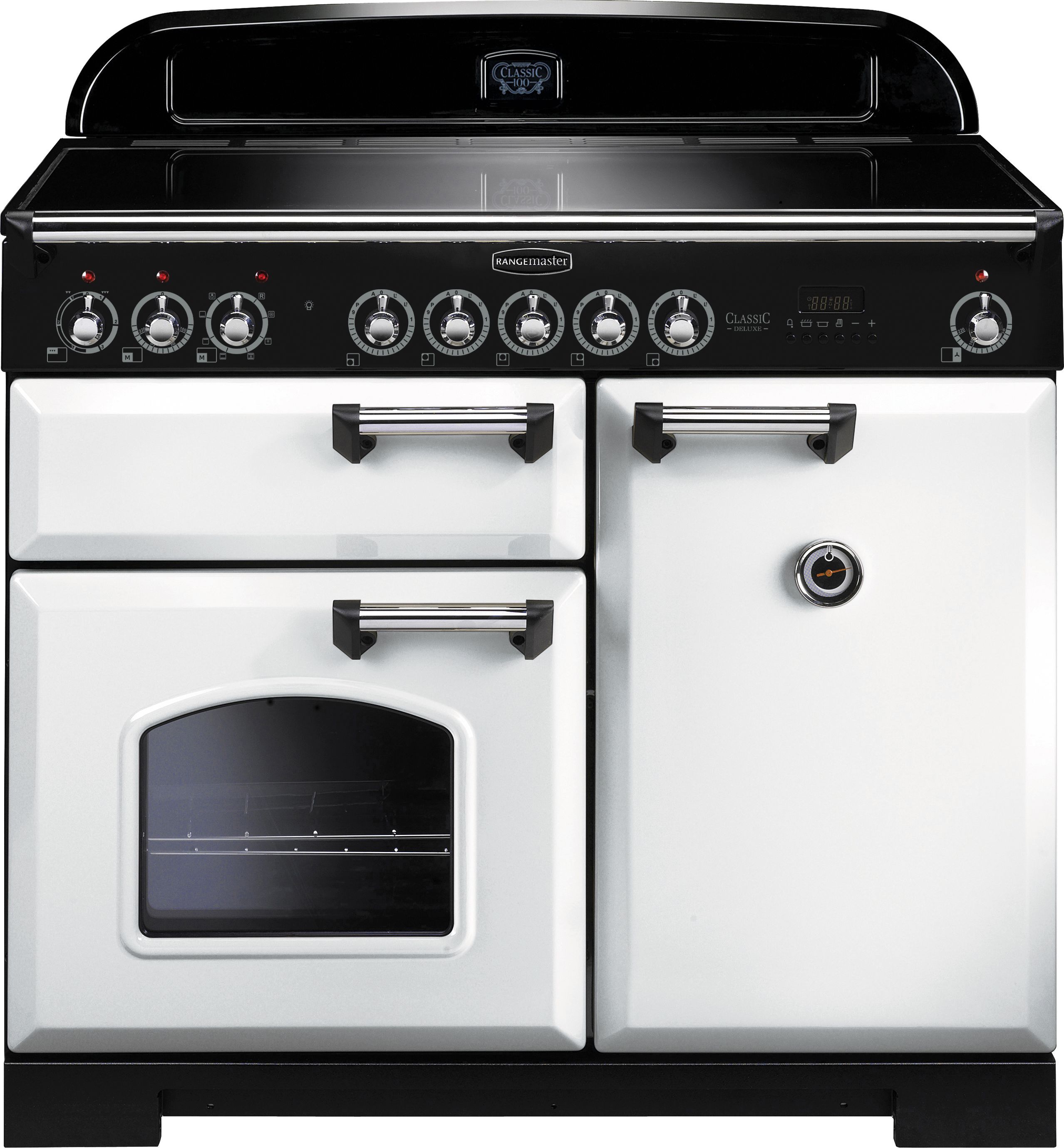 Rangemaster Classic Deluxe CDL100EIWH/C 100cm Electric Range Cooker with Induction Hob - White / Chrome - A/A Rated, White