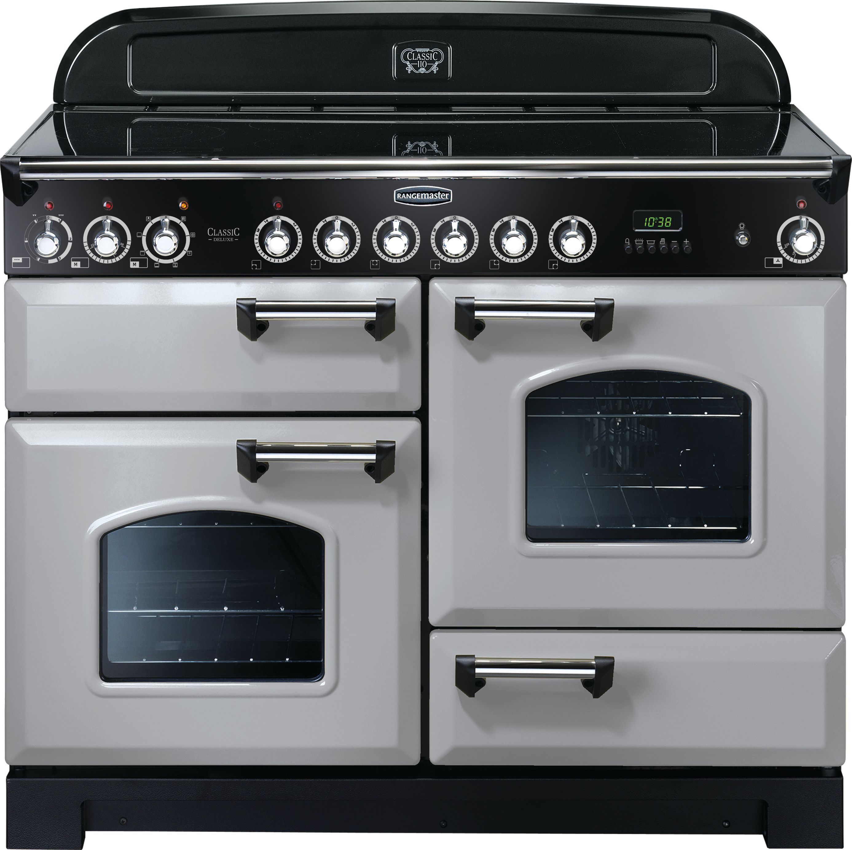 Rangemaster Classic Deluxe CDL110ECRP/C 110cm Electric Range Cooker with Ceramic Hob - Royal Pearl / Chrome - A/A Rated, Grey