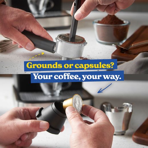 Russell Hobbs Everyday Espresso Coffee Machine - Black - annotation -  grounds and capsules