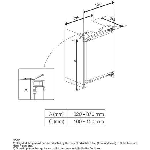 Beko Integrated Under Counter Freezer with Fixed Door Fixing Kit - Annotation - Dimension shot