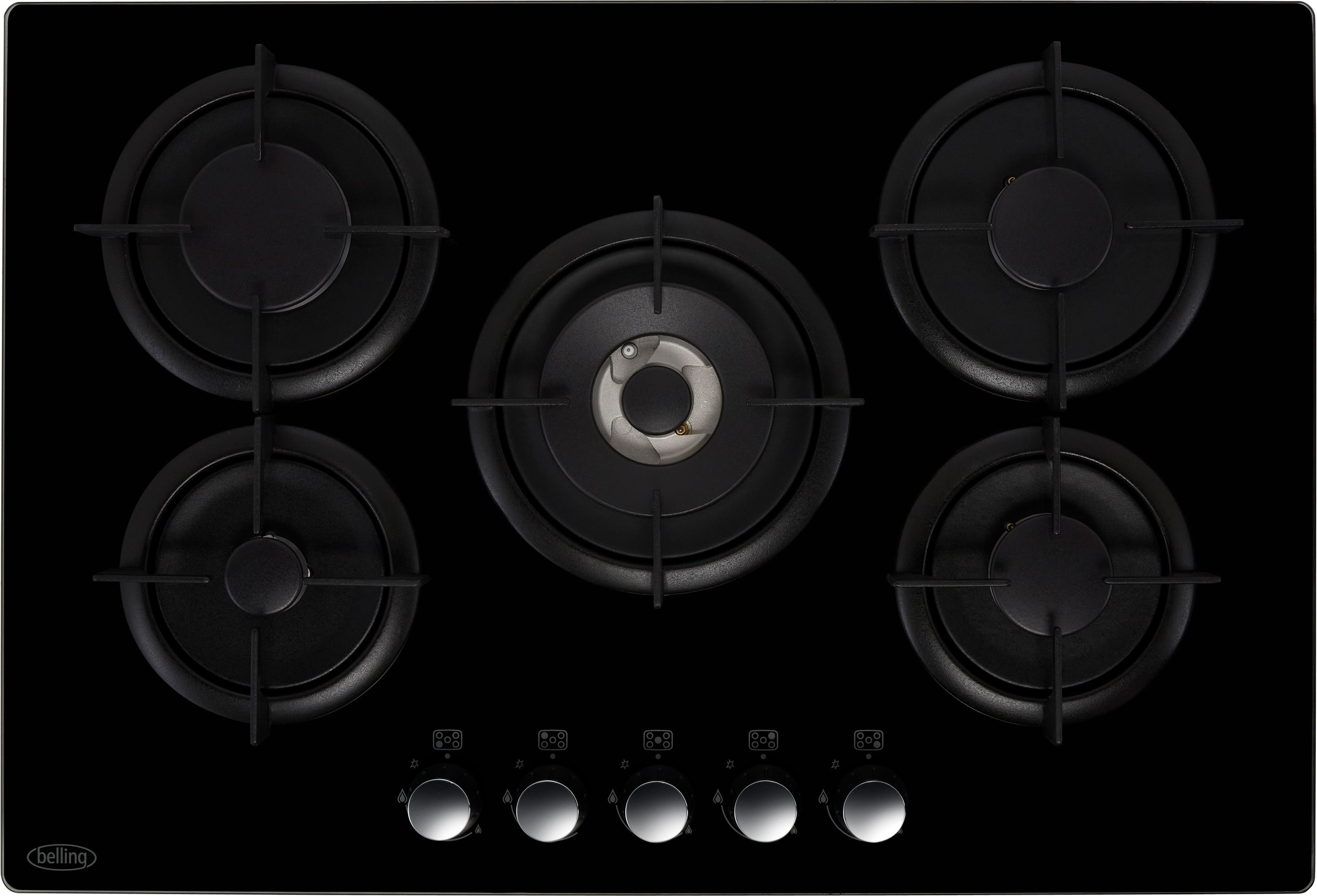 Belling GTG75C 75cm Gas Hob - Black, 5 Burners, Wok Burner
