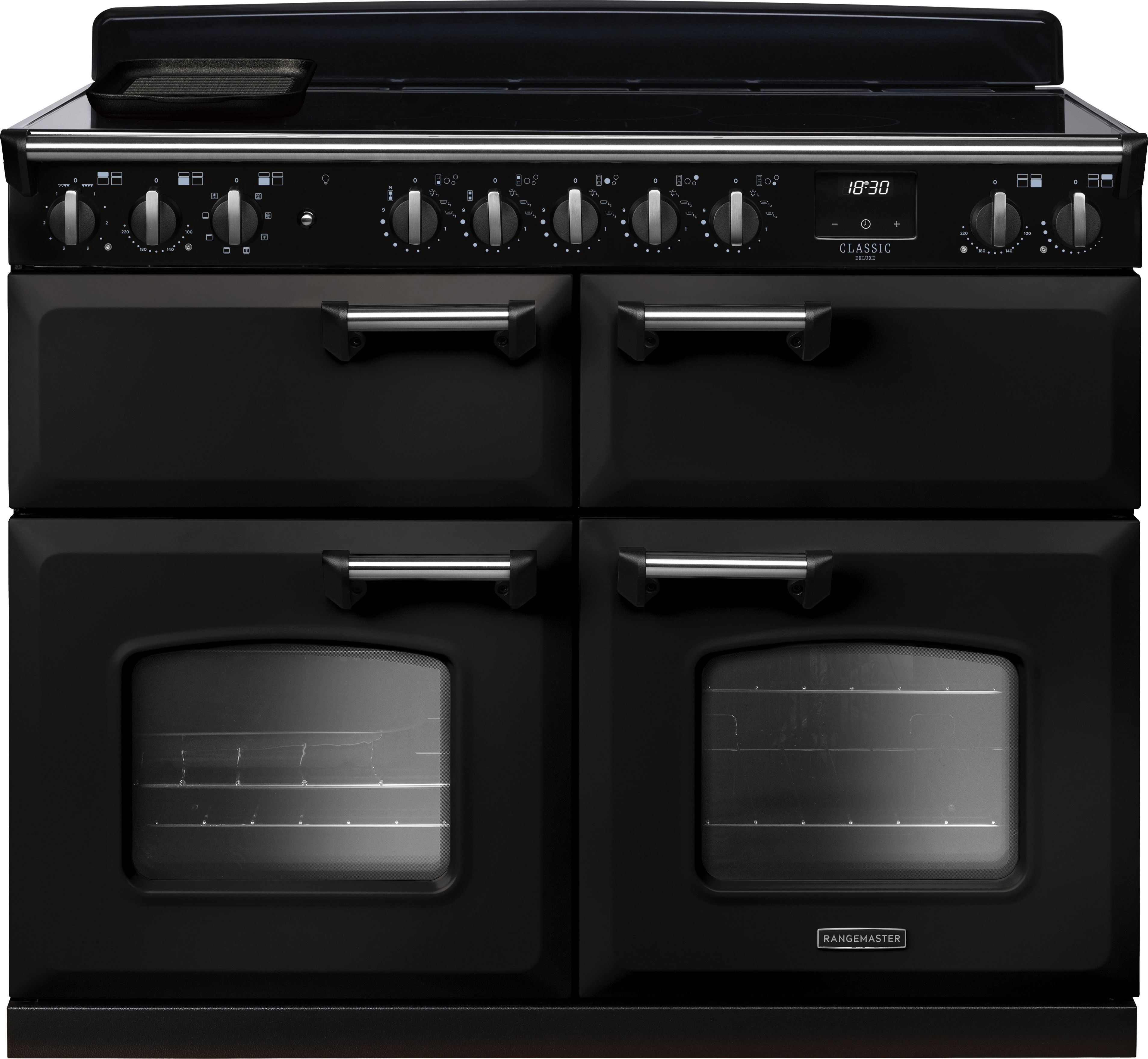 Image of Rangemaster Classic Deluxe BC CLDLB110EIPCBL/CM1 110cm wide Electric Range Cooker with Induction Hob - Charcoal Black / Chrome - A/A Rated, Black