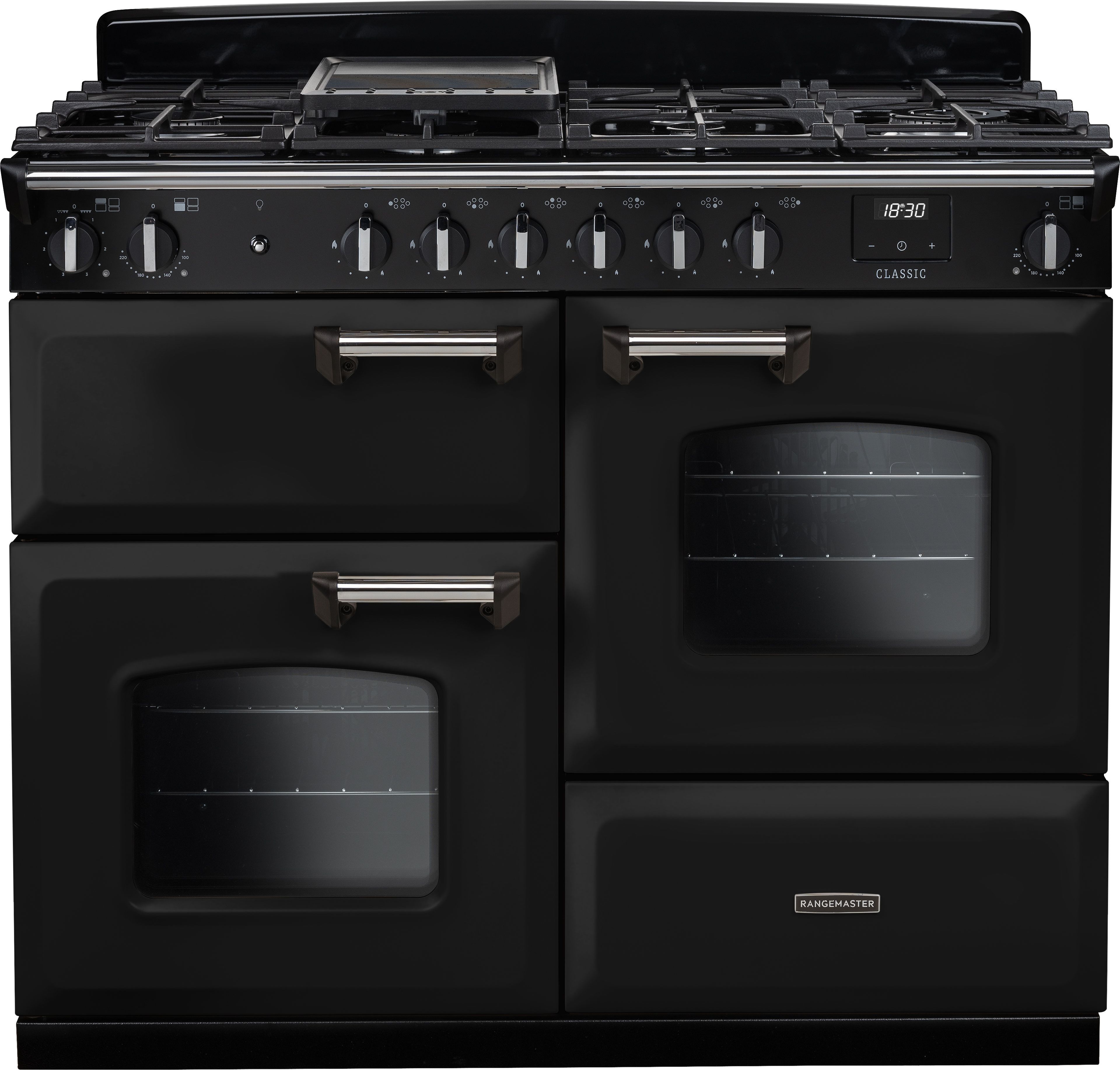 Image of Rangemaster Classic OC CLO110DFPGBL/CM1 110cm wide Dual Fuel Range Cooker with Gas Hob - Black / Chrome - A Rated, Black