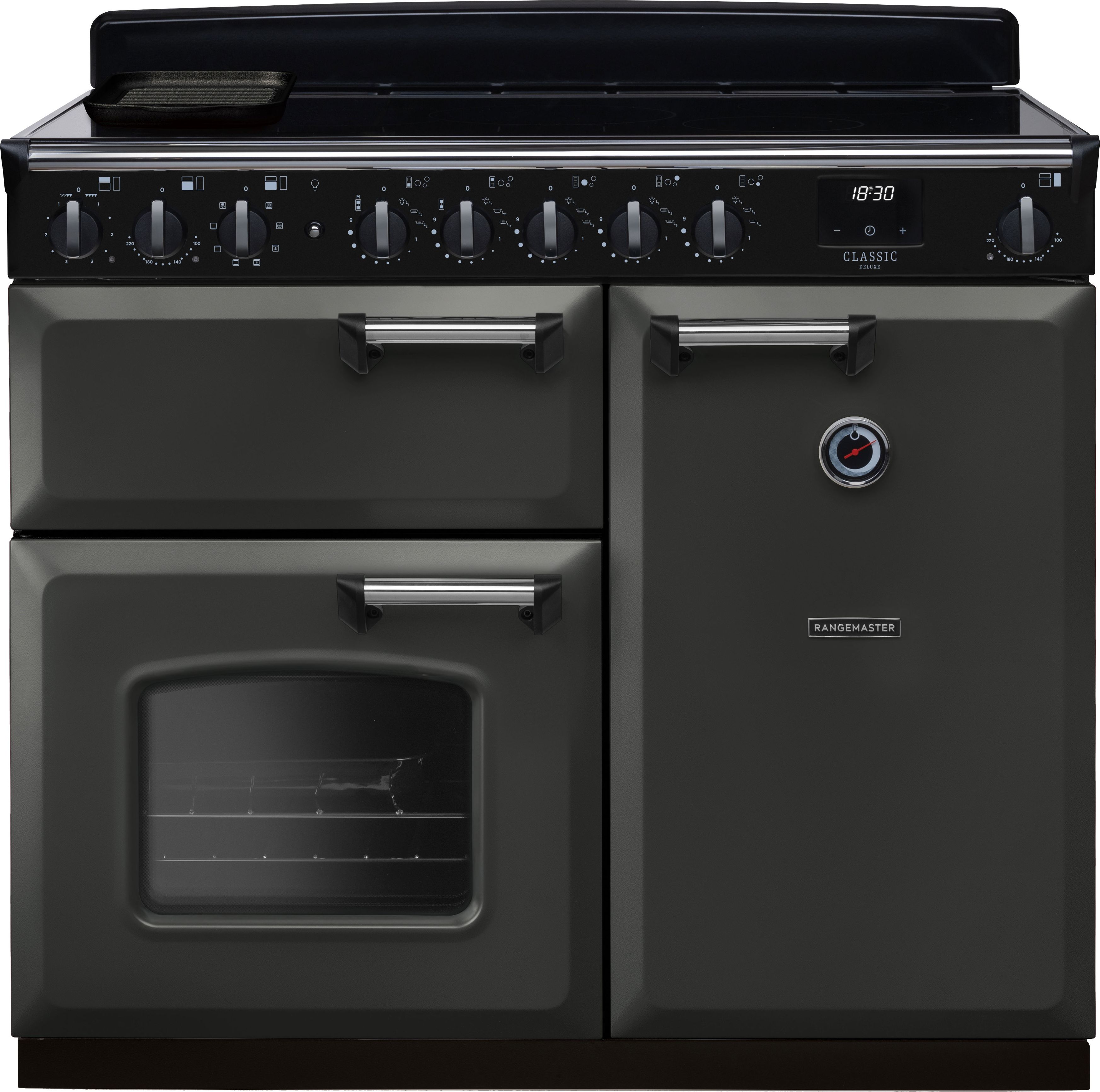 Image of Rangemaster Classic Deluxe CLDL100EIPSLT/CM1 100cm wide Electric Range Cooker with Induction Hob - Slate / Chrome - A/A Rated, Grey