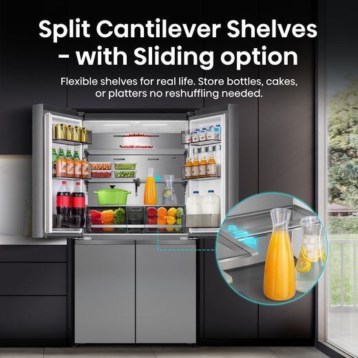 Hisense PureFlex American Fridge Freezer - Stainless Steel - Annotation - Split shelves shot