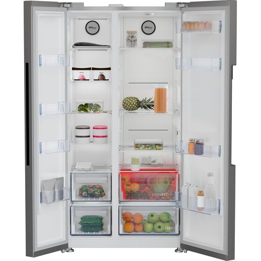 Beko HarvestFresh™ American Fridge Freezer - Stainless Steel Effect - Doors open and red Harvest Fresh light