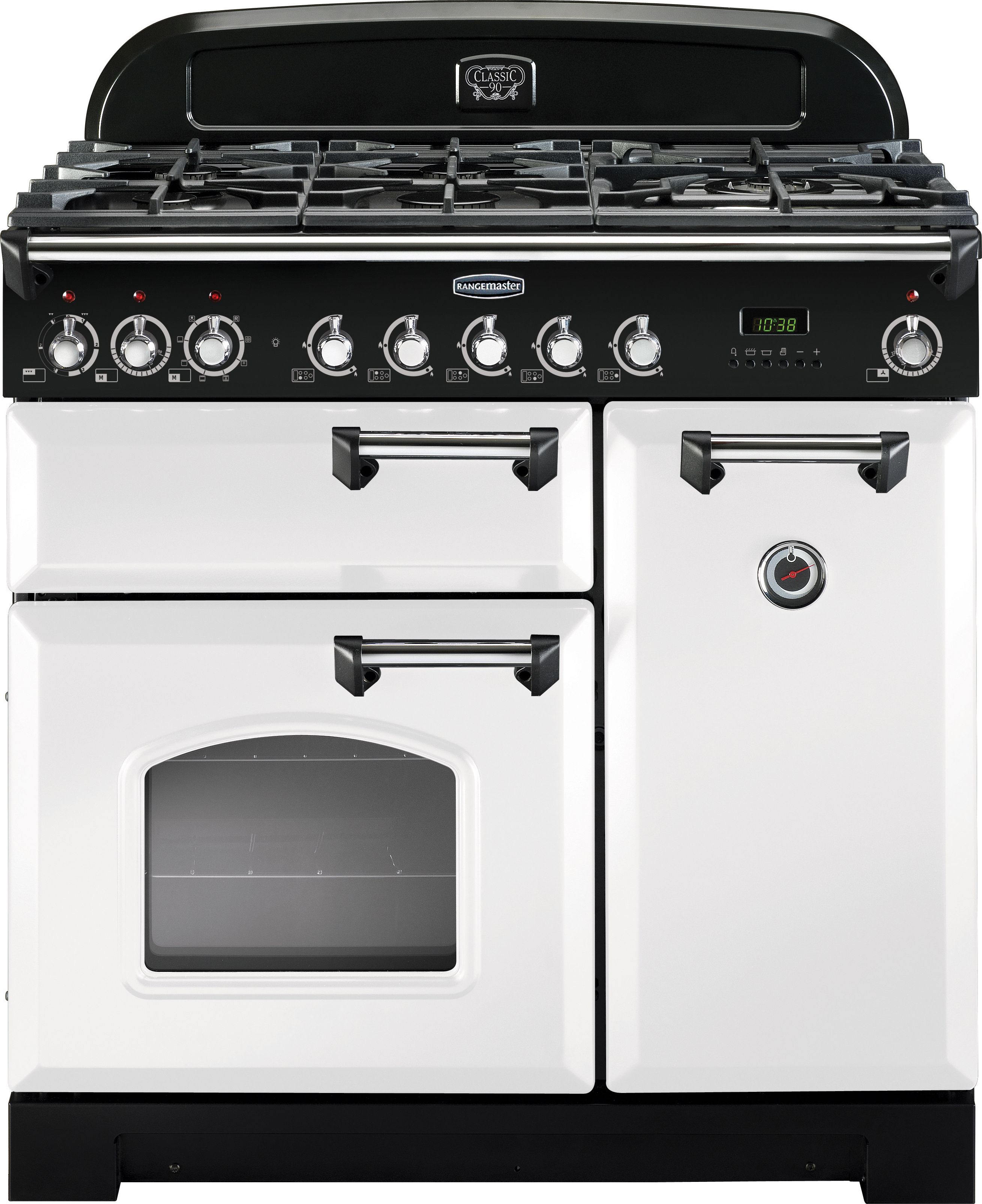 Rangemaster Classic Deluxe CDL90DFFWH/C 90cm Dual Fuel Range Cooker - White / Chrome - A/A Rated, White