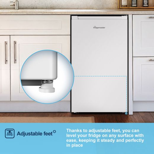 Fridgemaster MUR4894E Compact 84cm Fridge with Ice Box - White - Annotation - Adjustable feet