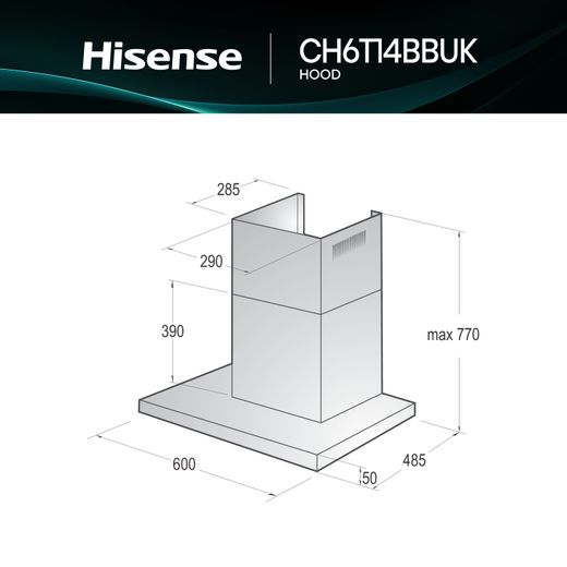 Hisense CH6T14BBUK 60cm Chimney Cooker Hood - Black - Dimensions