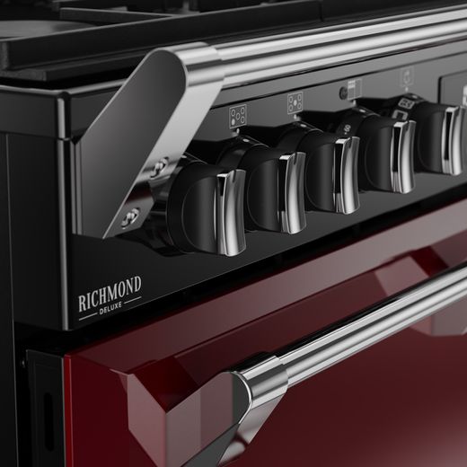 Stoves Richmond DX 90DF 90cm Dual Fuel Range Cooker - Garnet Red - Close up handle shot 