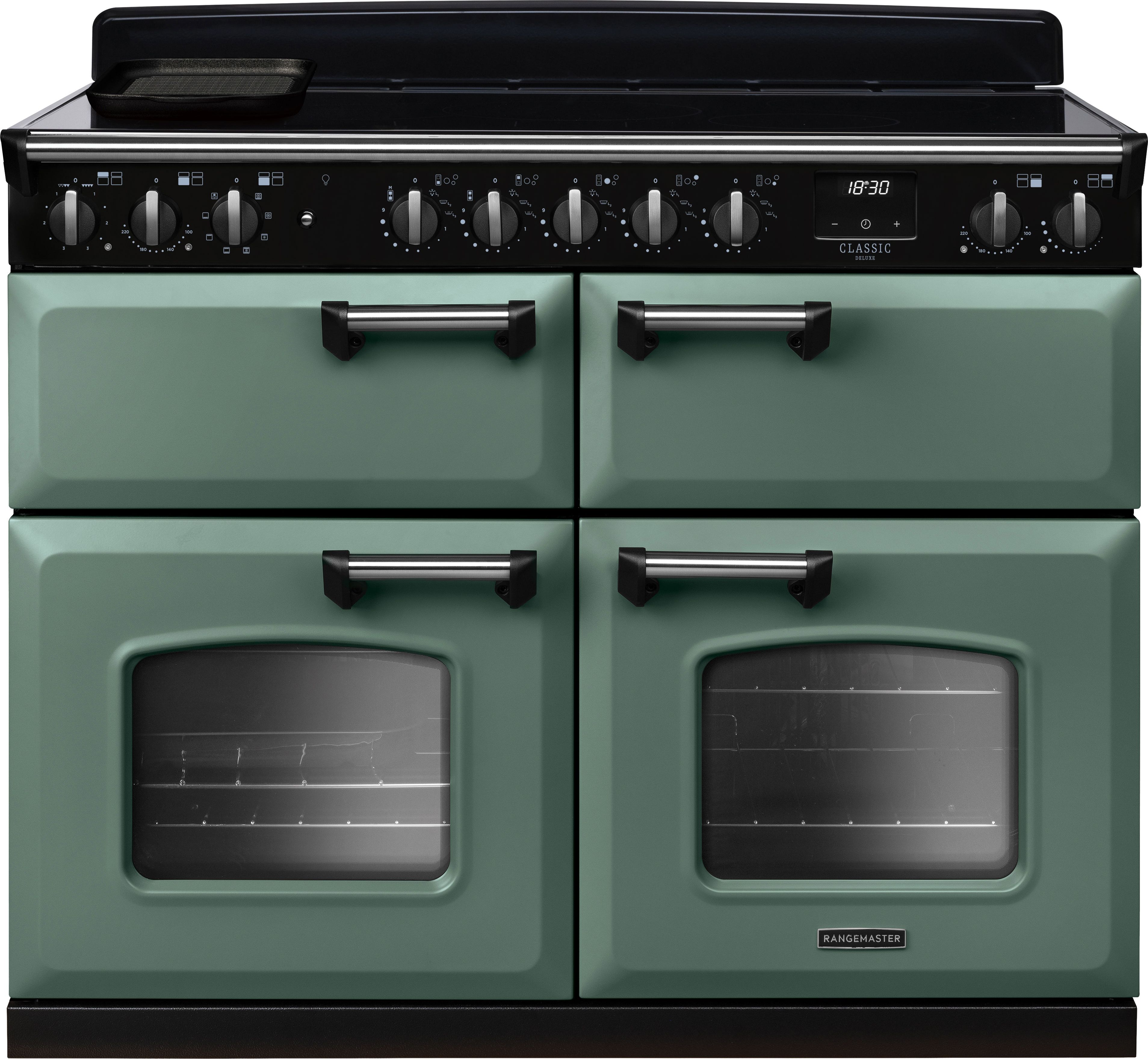 Image of Rangemaster Classic Deluxe BC CLDLB110EIPMGR/CM1 110cm wide Electric Range Cooker with Induction Hob - Mineral Green / Chrome - A/A Rated, Green
