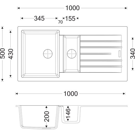 Harlyn DAYMER150BL Kitchen Sink Black - annotation - dimension shot