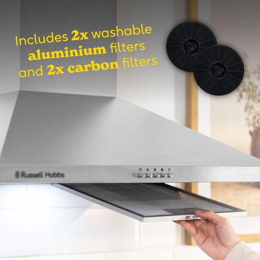 Russell Hobbs RH60SCH03A1SS 60cm Chimney Cooker Hood - annotation - includes two filters