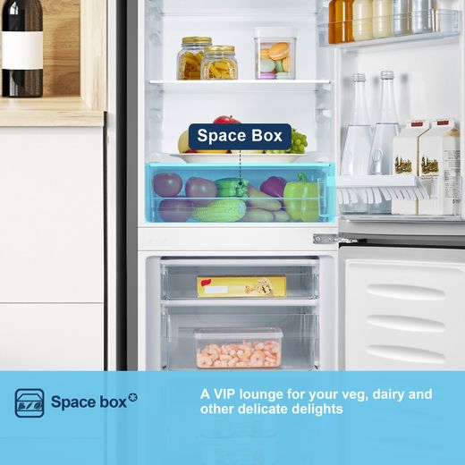 Fridgemaster MC50165ES 143cm 60/40 Small Fridge Freezer - Silver - Annotation - Space box shot