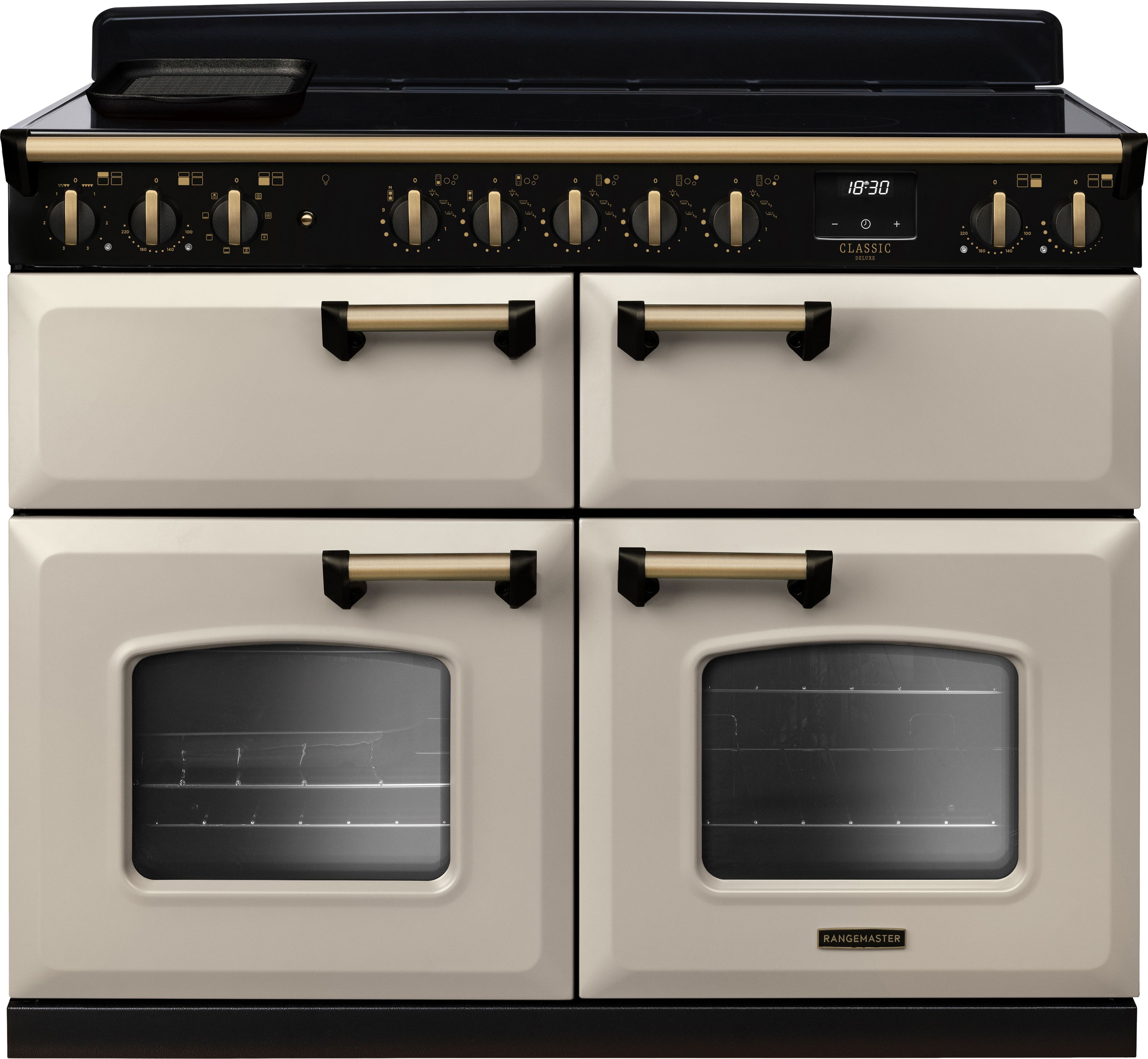 Image of Rangemaster Classic Deluxe BC CLDLB110EIPPCR/AB1 110cm wide Electric Range Cooker with Induction Hob - Cream / Antique Brass - A/A Rated, Cream