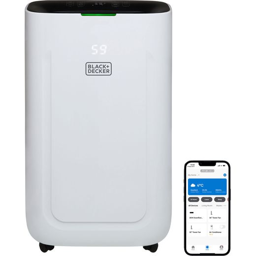 Black + Decker Smart Dehumidifier - White - Front with phone shot