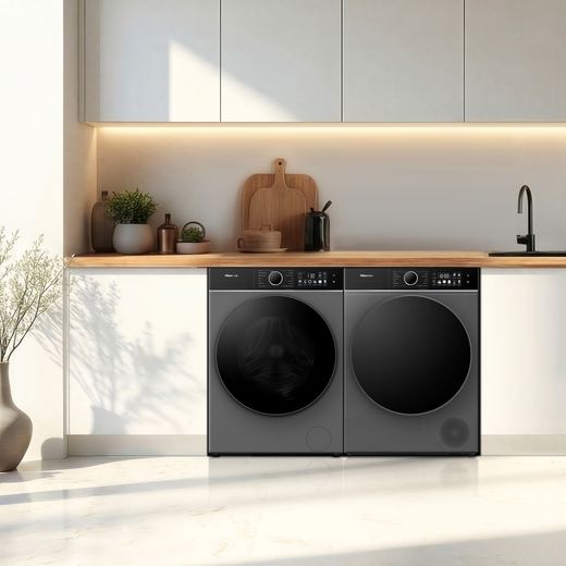 Hisense 3i KitchenFit Series WF3I1143BTL 11kg WiFi Connected Washing Machine with 1400 rpm - Titanium - washing machine in utility room shot