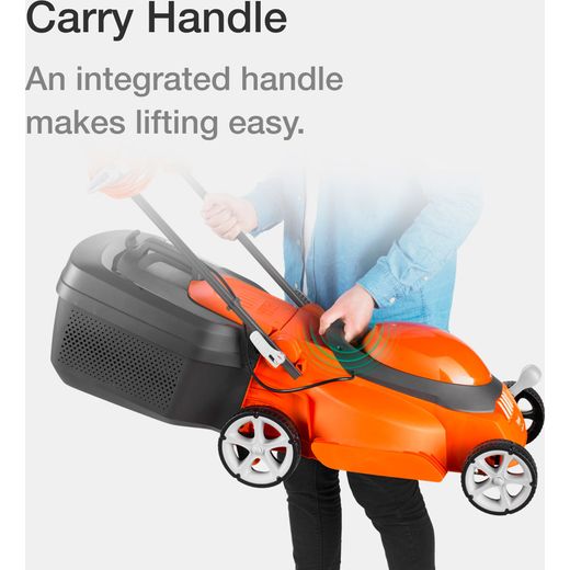 Flymo EasiStore 340R Corded Lawn Mower - Black / Orange - annotation - carry handle shot