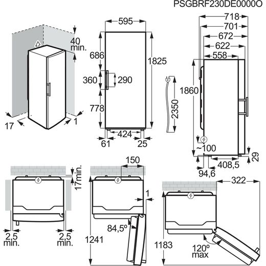 AEG 7000 Series Frost Free Upright Freezer - Silver - Dimensions