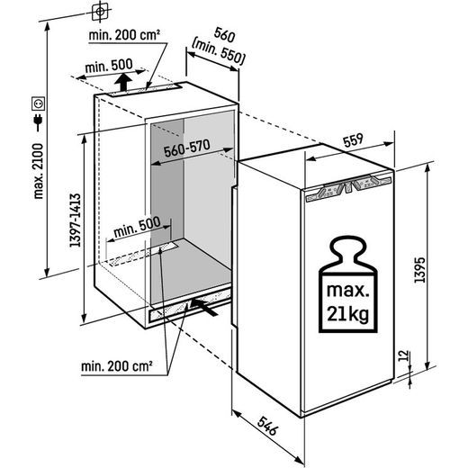 Liebherr IRd4520 Integrated Upright 140cm Small Fridge - White - Annotation - Dimesons shot